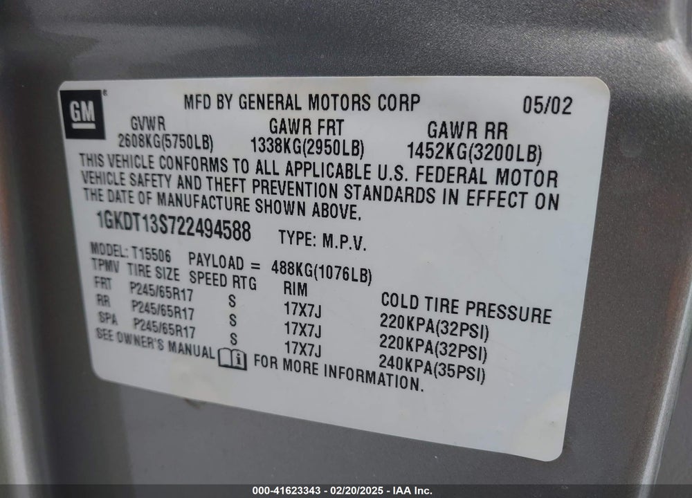 2002 GMC ENVOY SLE VIN: 1GKDT13S722494588