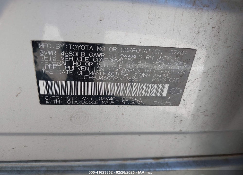 2009 LEXUS ES 350 VIN: JTHBJ46G592336857