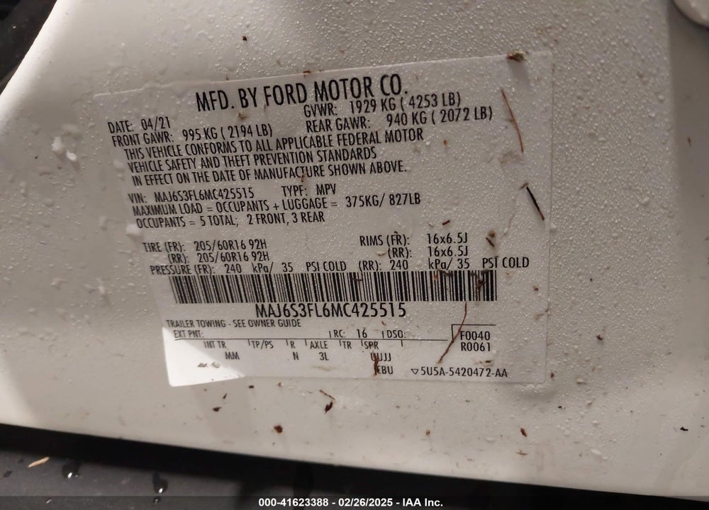 2021 FORD ECOSPORT S VIN: MAJ6S3FL6MC425515