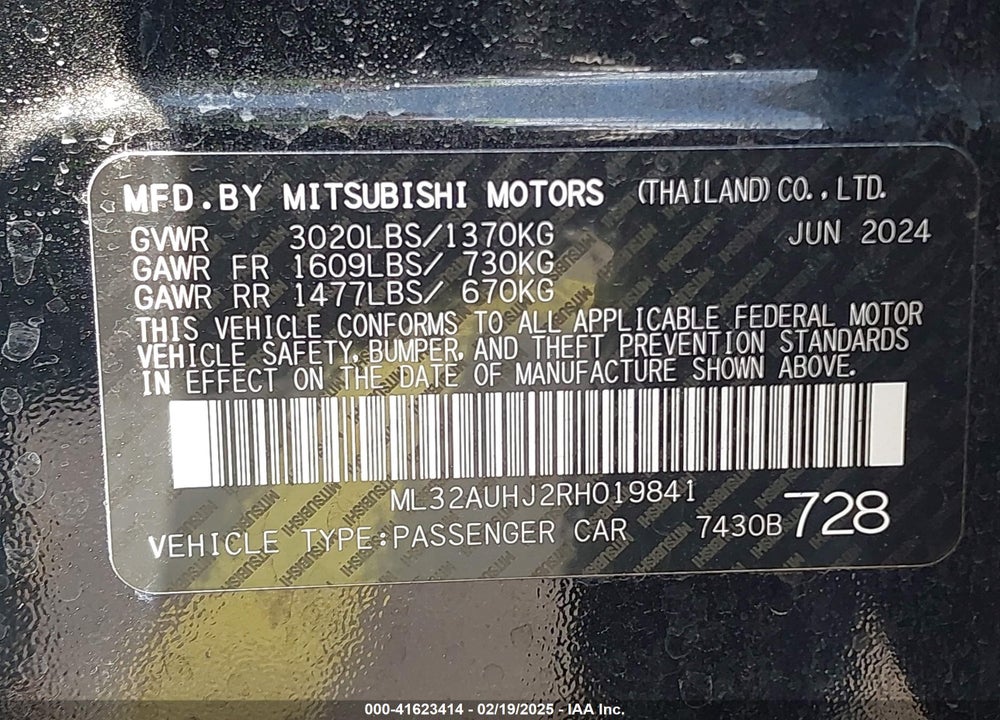 2024 MITSUBISHI MIRAGE VIN: ML32AUHJ2RH019841