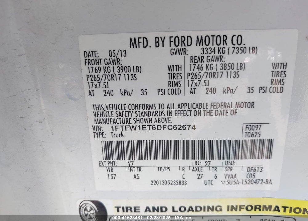 2013 FORD F-150 VIN: 1FTFW1ET6DFC62674