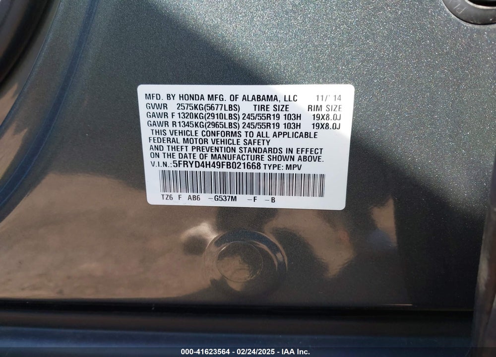 2015 ACURA MDX TECHNOLOGY PACKAGE VIN: 5FRYD4H49FB021668