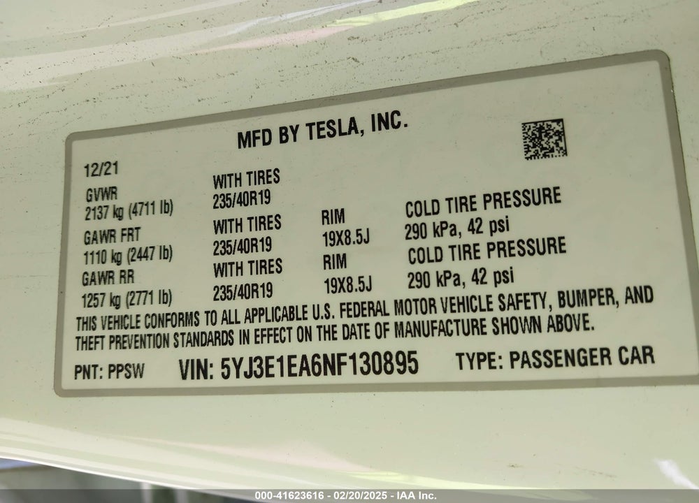 2022 TESLA MODEL 3 VIN: 5YJ3E1EA6NF130895