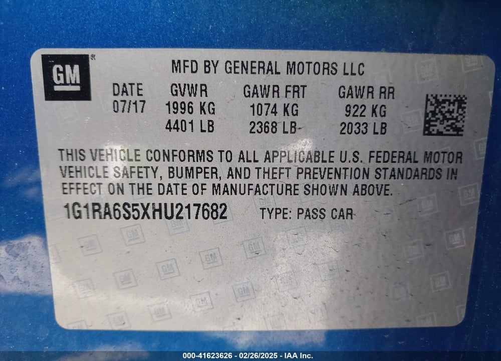 2017 CHEVROLET VOLT VIN: 1G1RA6S5XHU217682