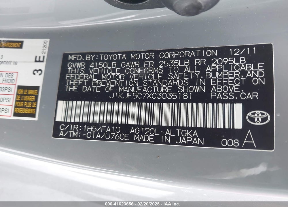 2012 TOYOTA SCION TC VIN: JTKJF5C7XC3035181