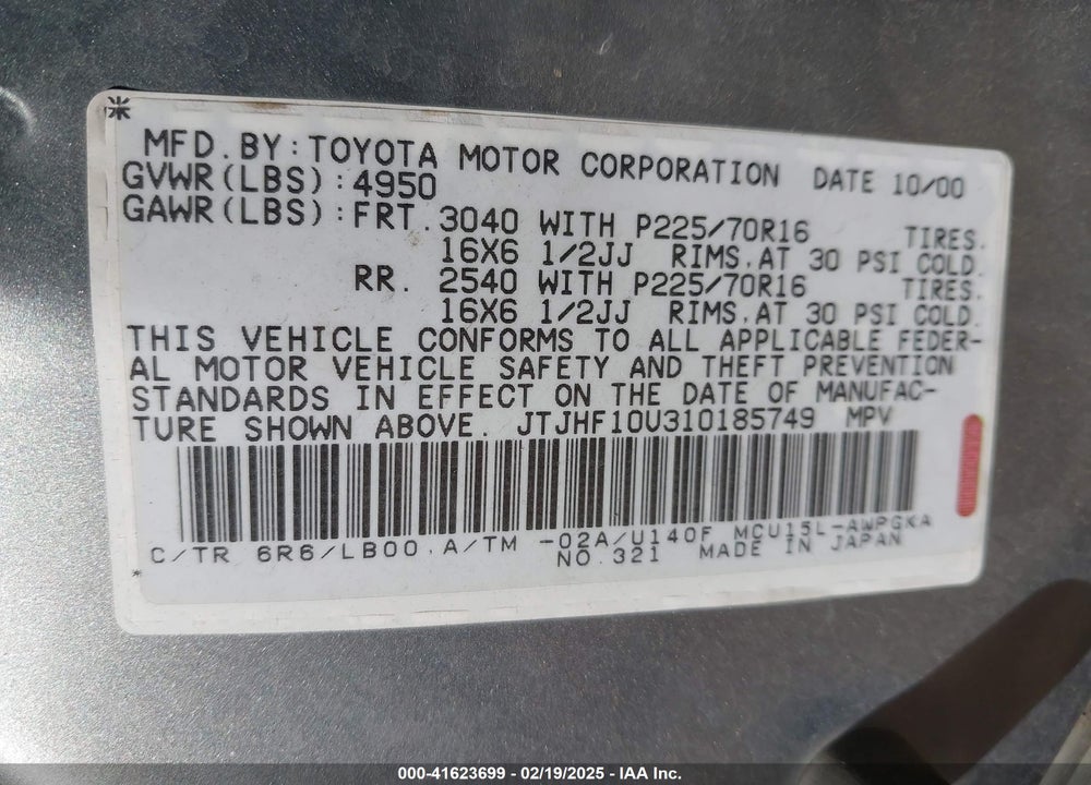 2001 LEXUS RX 300 VIN: JTJHF10U310185749