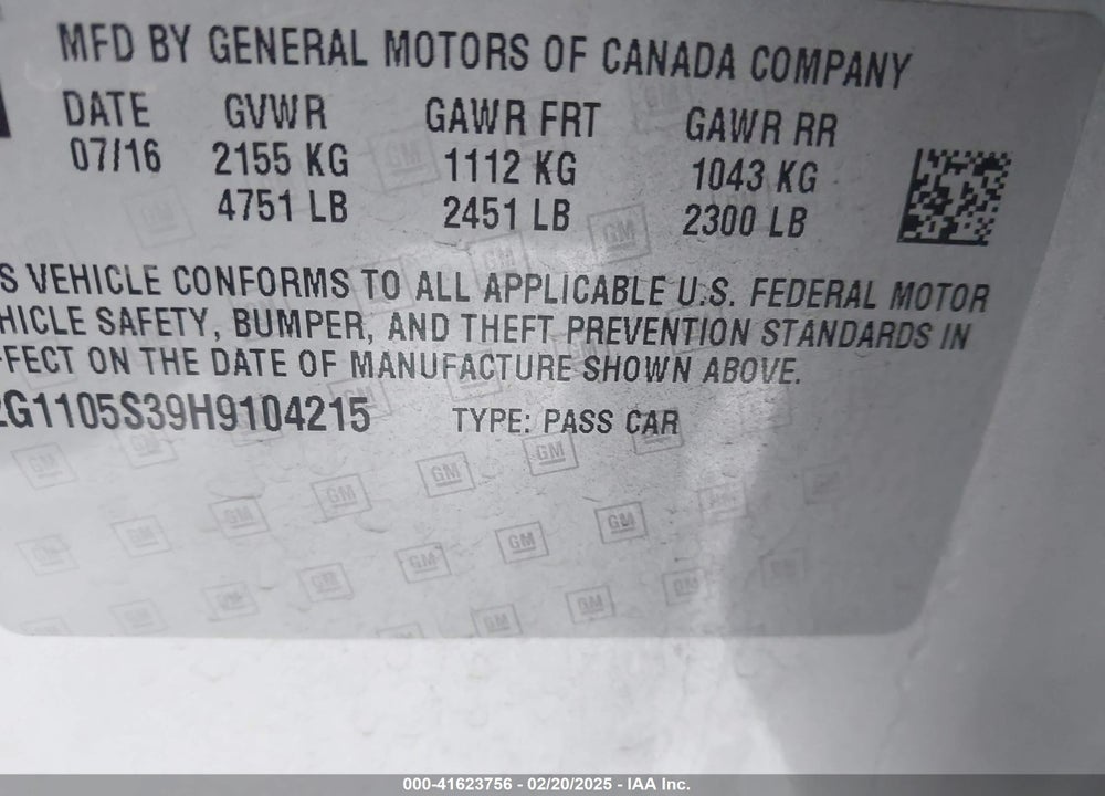 2017 CHEVROLET IMPALA VIN: 2G1105S39H9104215