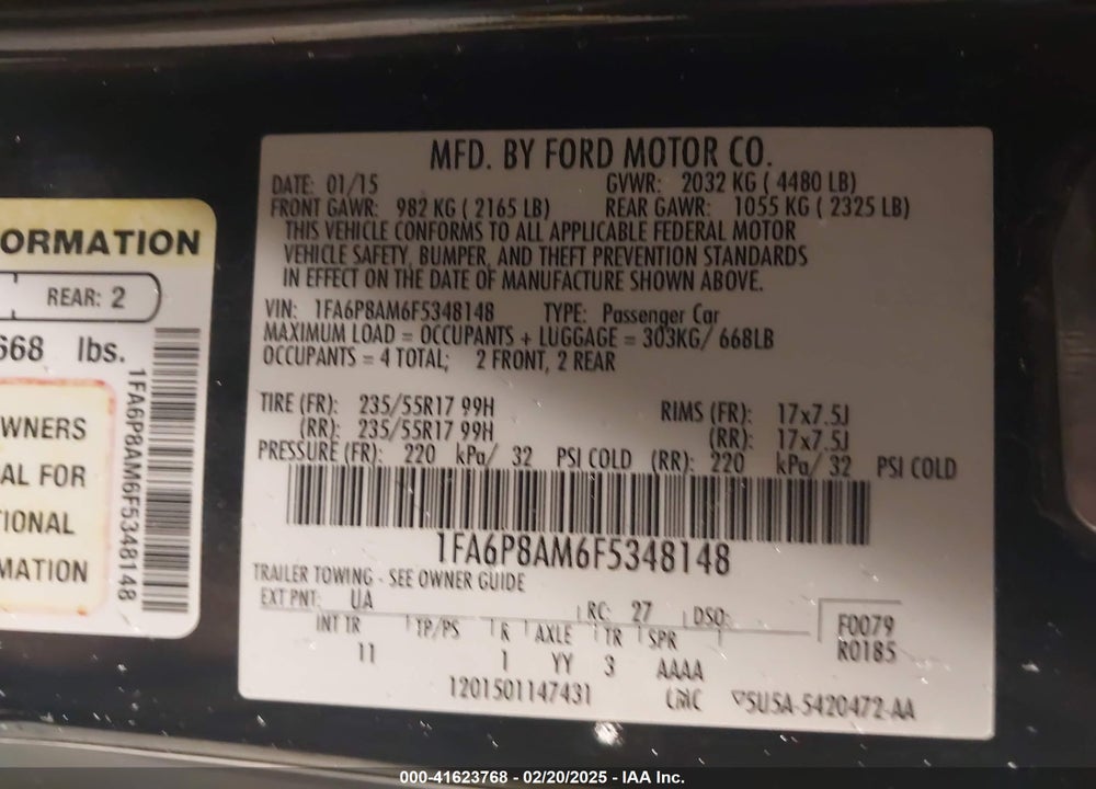 2015 FORD MUSTANG VIN: 1FA6P8AM6F5348148