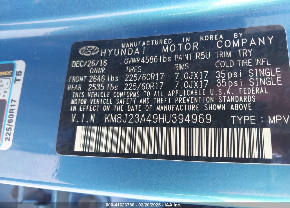 2017 HYUNDAI TUCSON SE VIN: KM8J23A49HU394969