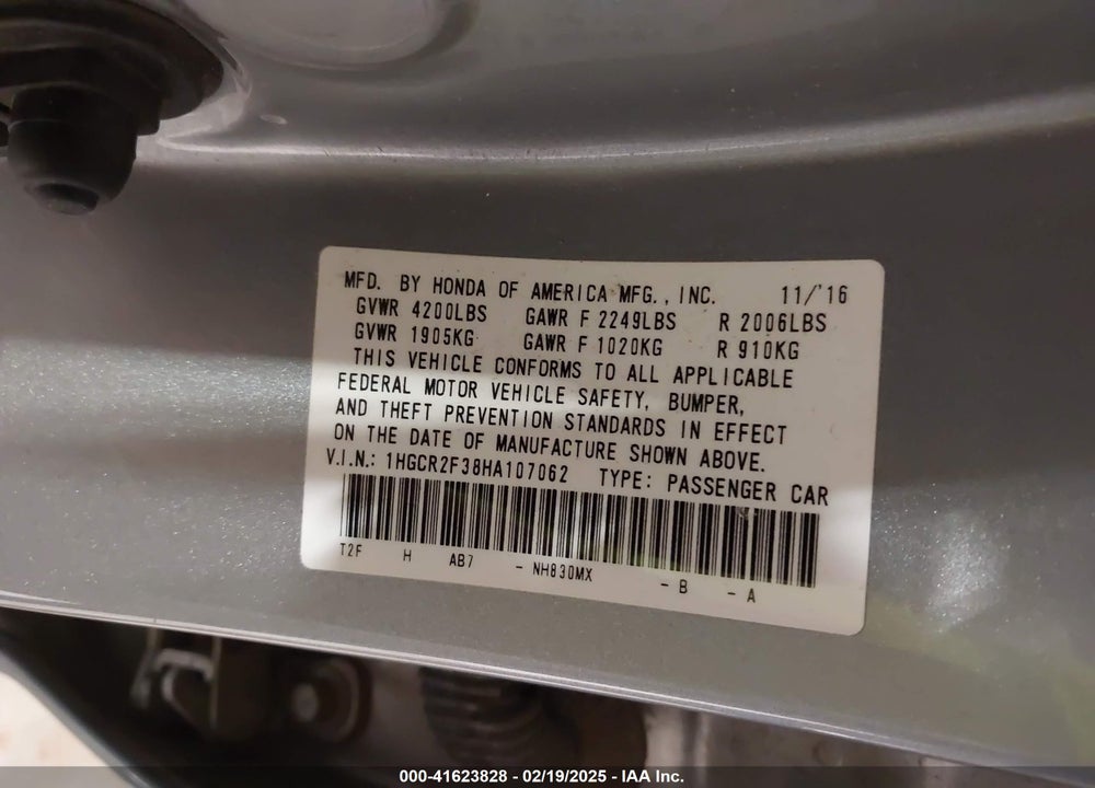 2017 HONDA ACCORD VIN: 1HGCR2F38HA107062