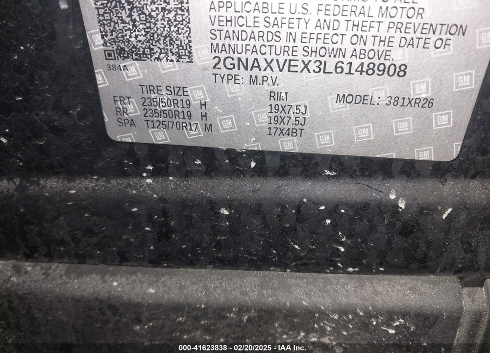 2020 CHEVROLET EQUINOX AWD LT 2.0L TURBO VIN: 2GNAXVEX3L6148908