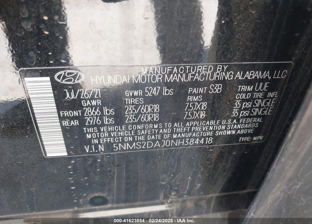 2022 HYUNDAI SANTA FE VIN: 5NMS2DAJ0NH384418
