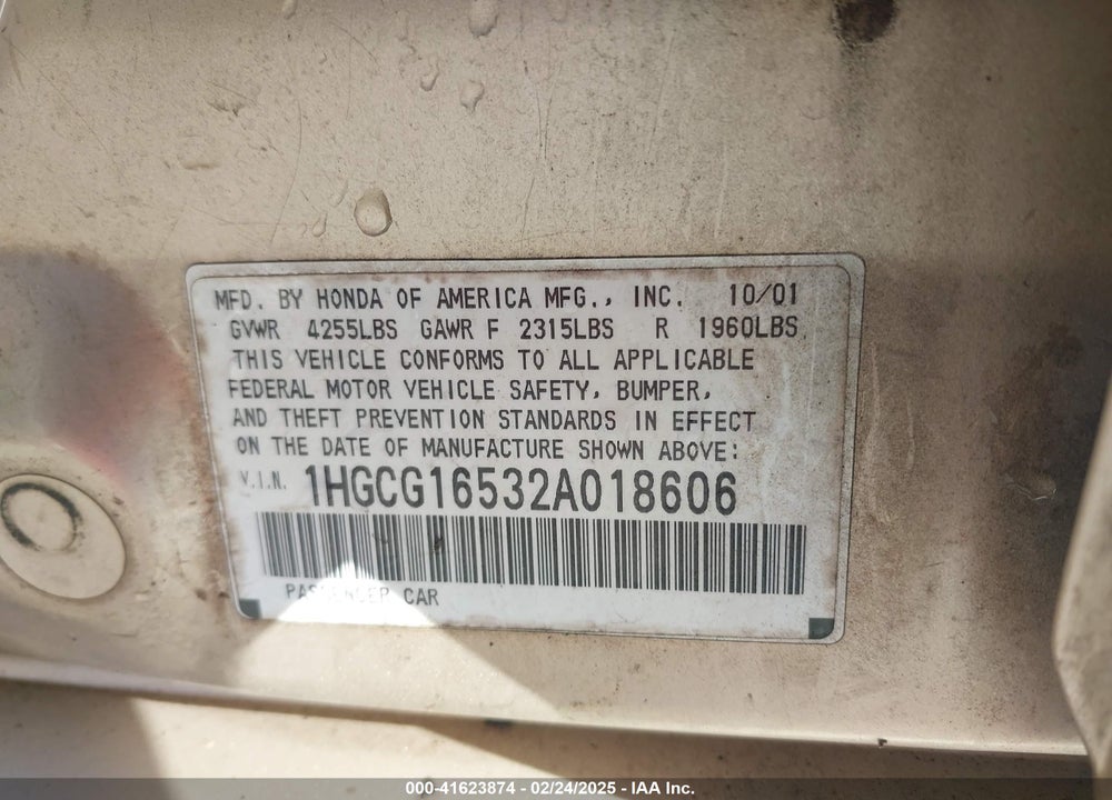 2002 HONDA ACCORD VIN: 1HGCG16532A018606
