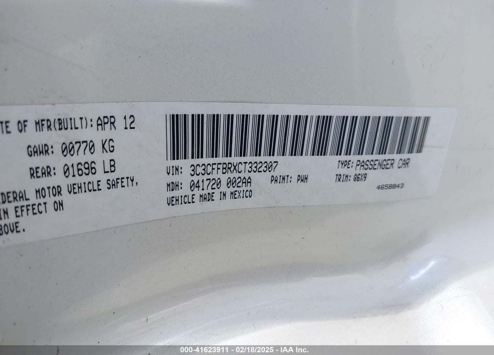2012 FIAT 500 VIN: 3C3CFFBRXCT332307