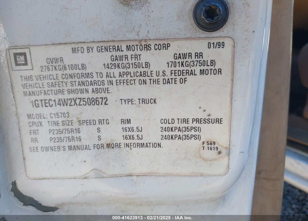 1999 GMC SIERRA 1500 VIN: 1GTEC14W2XZ508672