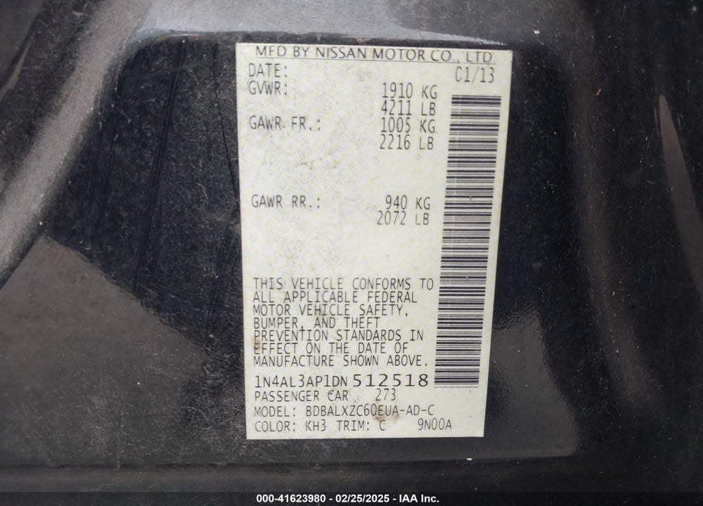 2013 NISSAN ALTIMA VIN: 1N4AL3AP1DN512518