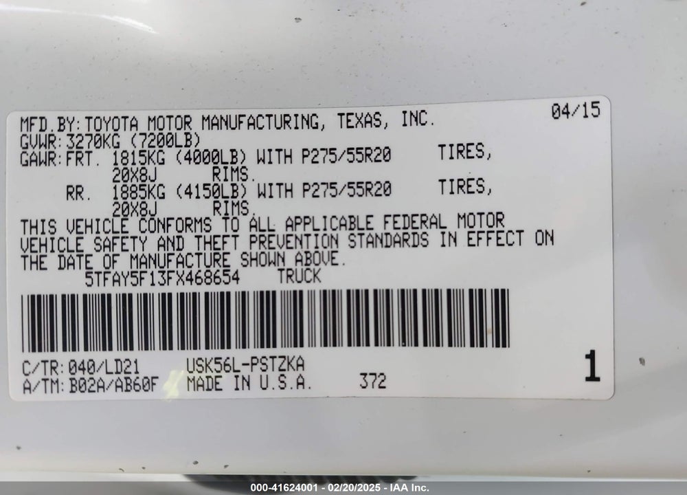 2015 TOYOTA TUNDRA VIN: 5TFAY5F13FX468654
