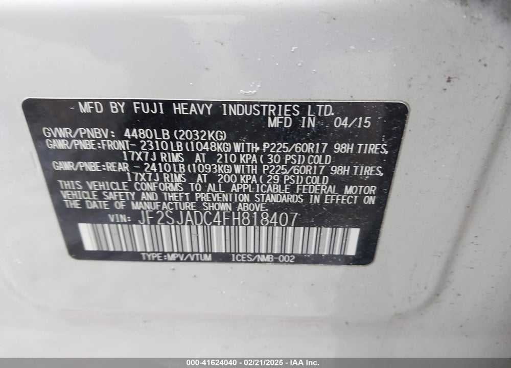 2015 SUBARU FORESTER VIN: JF2SJADC4FH818407