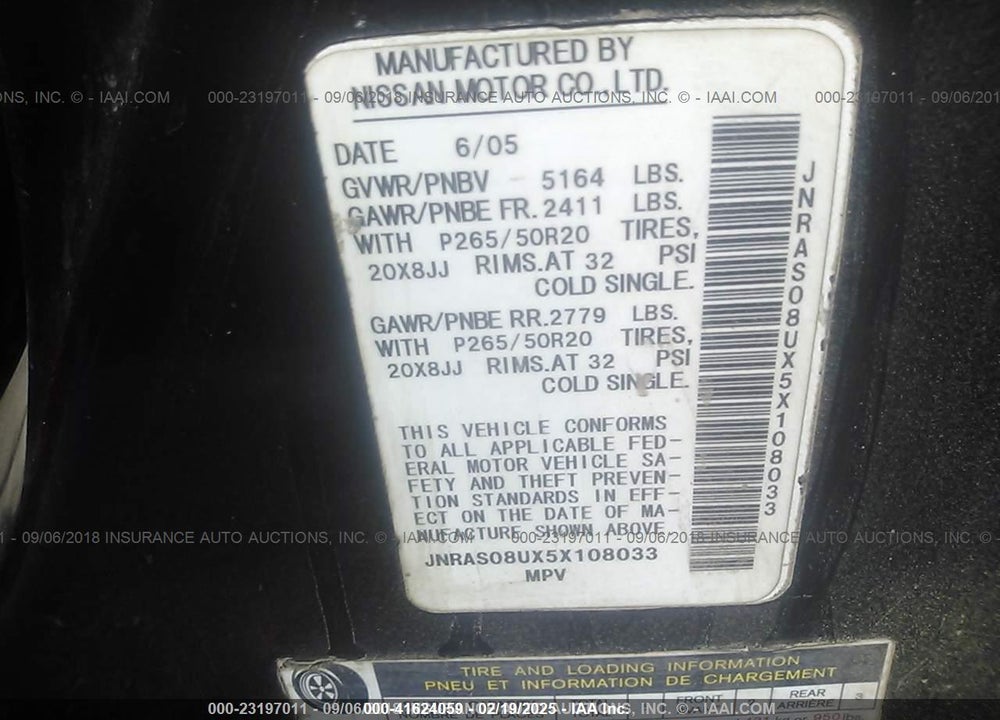 2005 INFINITI FX35 VIN: JNRAS08UX5X108033