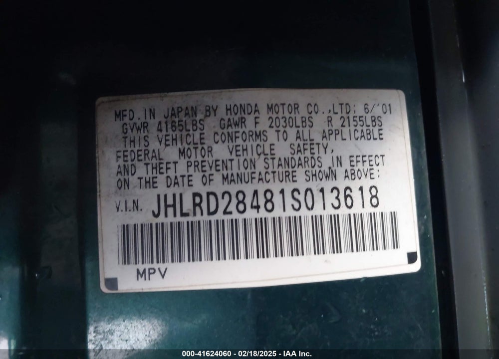 2001 HONDA CR-V LX VIN: JHLRD28481S013618