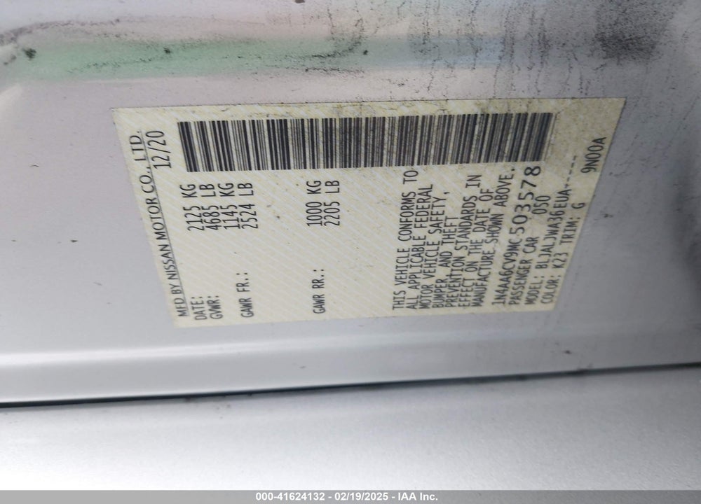 2021 NISSAN MAXIMA VIN: 1N4AA6CV9MC503578
