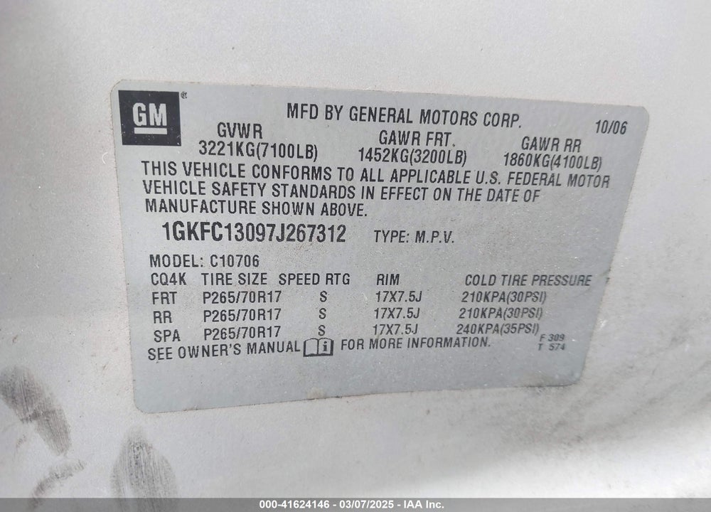 2007 GMC YUKON SLT VIN: 1GKFC13097J267312