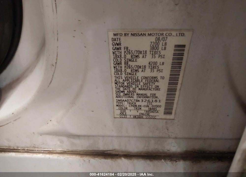 2008 NISSAN TITAN XE VIN: 1N6AA07C78N326181