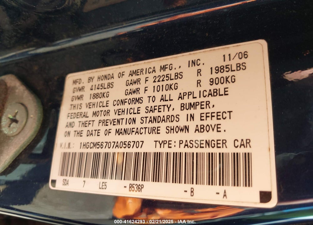 2007 HONDA ACCORD VIN: 1HGCM56707A056707
