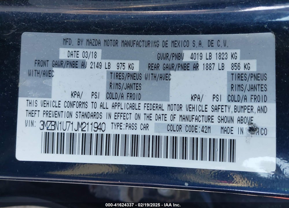 2018 MAZDA 3 SPORT VIN: 3MZBN1U71JM211940