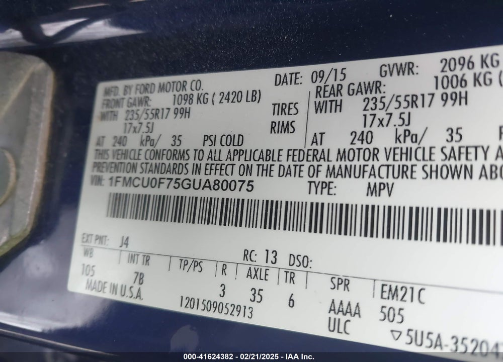 2016 FORD ESCAPE S VIN: 1FMCU0F75GUA80075