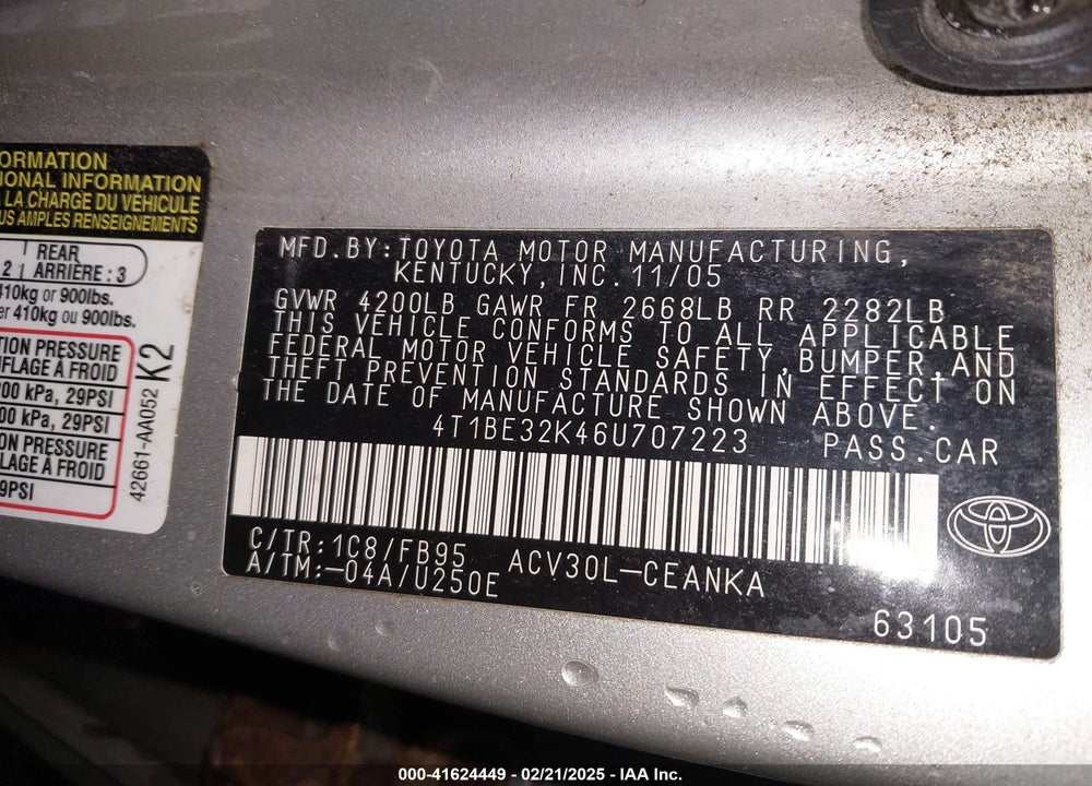 2006 TOYOTA CAMRY LE VIN: 4T1BE32K46U707223