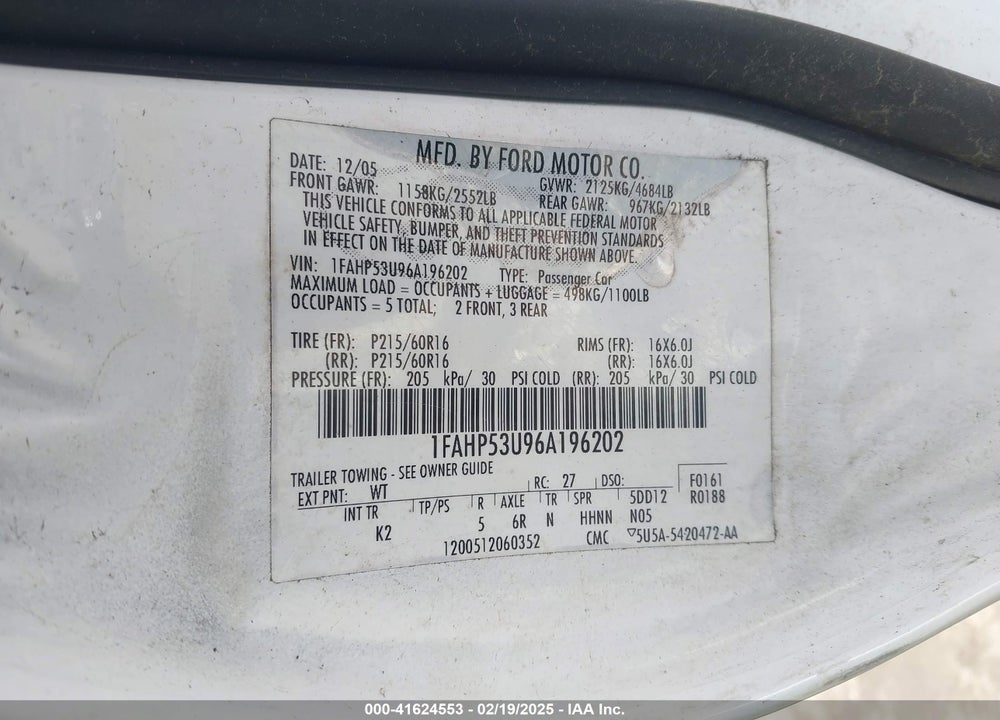 2006 FORD TAURUS VIN: 1FAHP53U96A196202