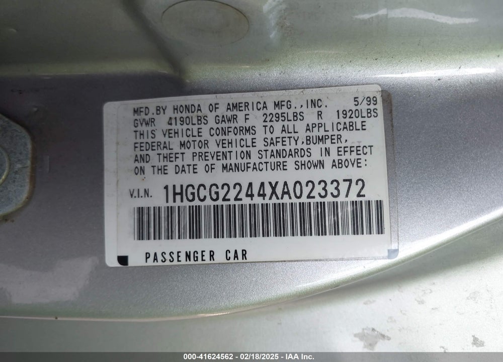 1999 HONDA ACCORD LX V6 VIN: 1HGCG2244XA023372