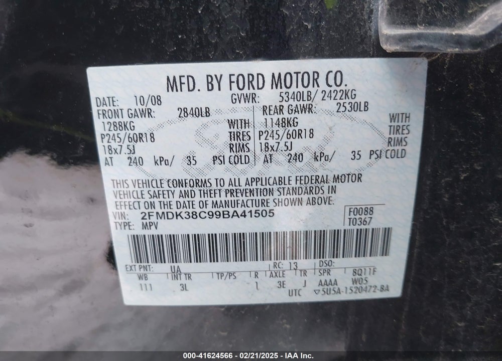 2009 FORD EDGE SEL VIN: 2FMDK38C99BA41505