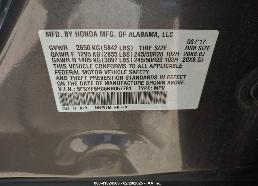 2017 HONDA PILOT ELITE VIN: 5FNYF6H05HB067781