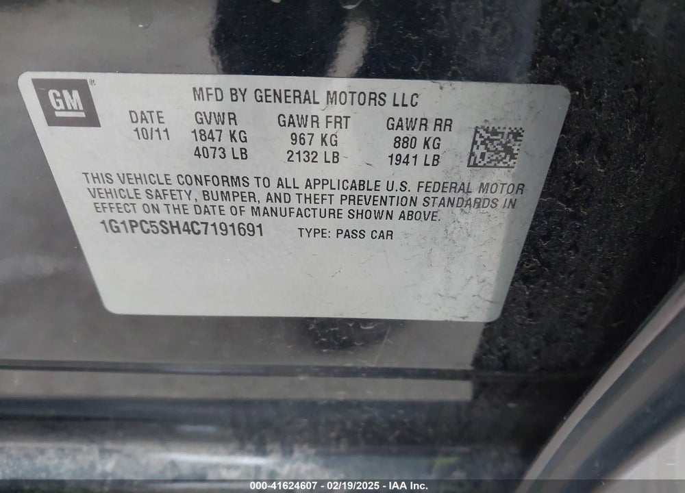 2012 CHEVROLET CRUZE VIN: 1G1PC5SH4C7191691