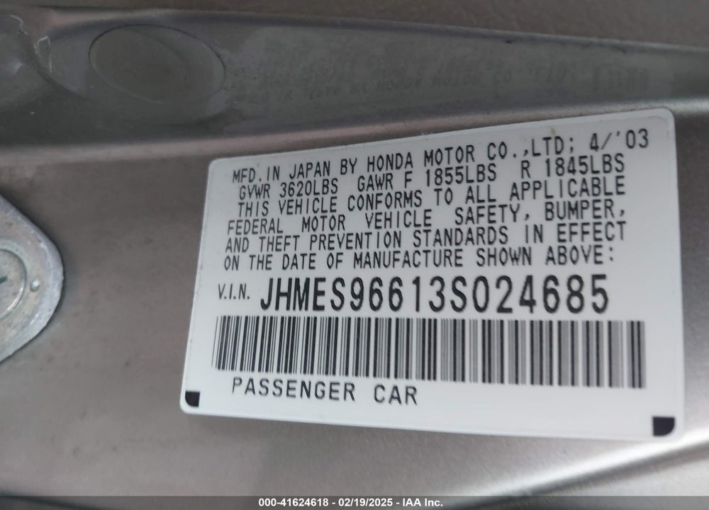2003 HONDA CIVIC HYBRID VIN: JHMES96613S024685