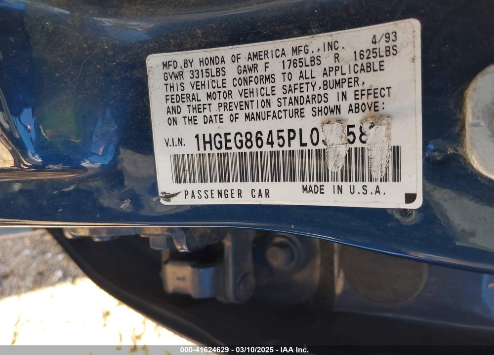 1993 HONDA CIVIC DX VIN: 1HGEG8645PL034584