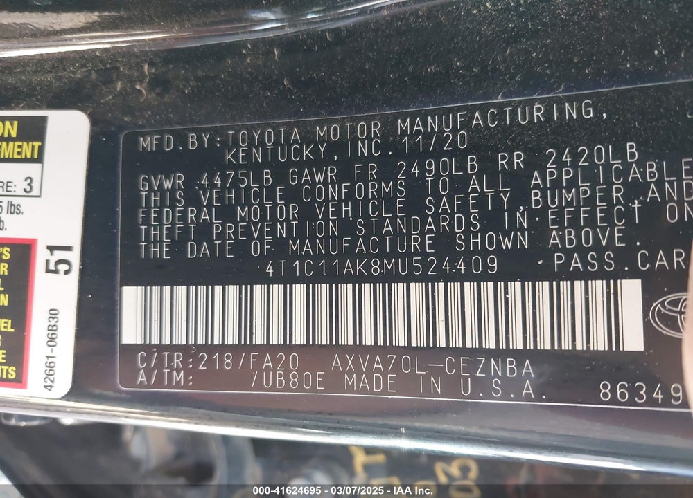2021 TOYOTA CAMRY LE VIN: 4T1C11AK8MU524409