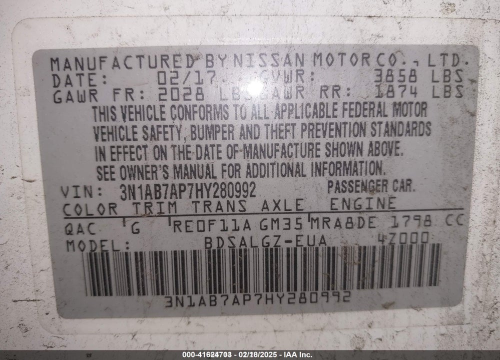 2017 NISSAN SENTRA VIN: 3N1AB7AP7HY280992