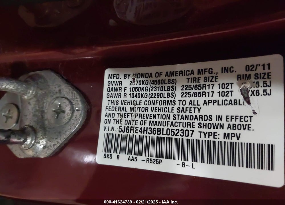 2011 HONDA CR-V LX VIN: 5J6RE4H36BL052307