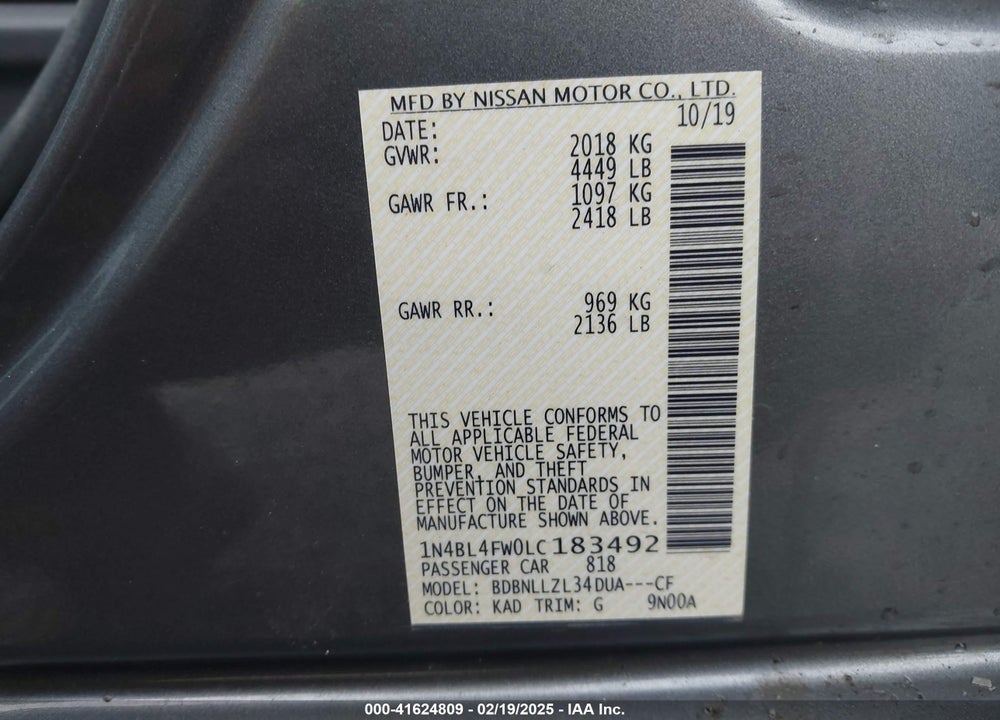 2020 NISSAN ALTIMA VIN: 1N4BL4FW0LC183492