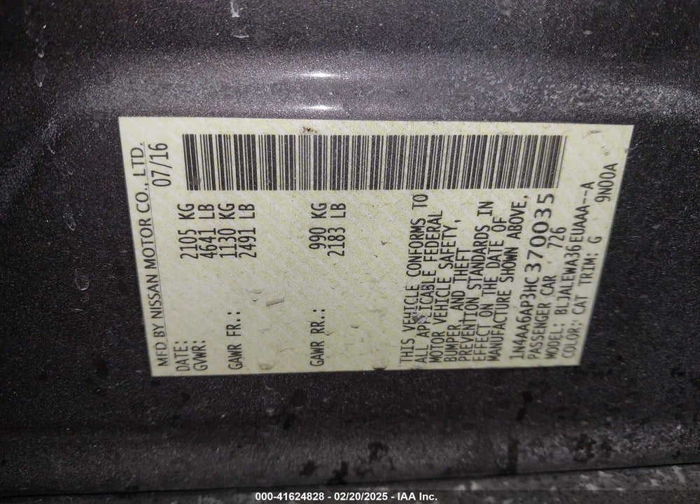 2017 NISSAN MAXIMA VIN: 1N4AA6AP3HC370035