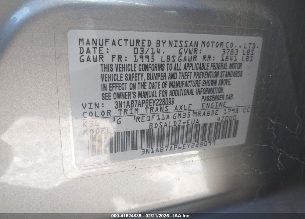 2014 NISSAN SENTRA VIN: 3N1AB7AP6EY228099