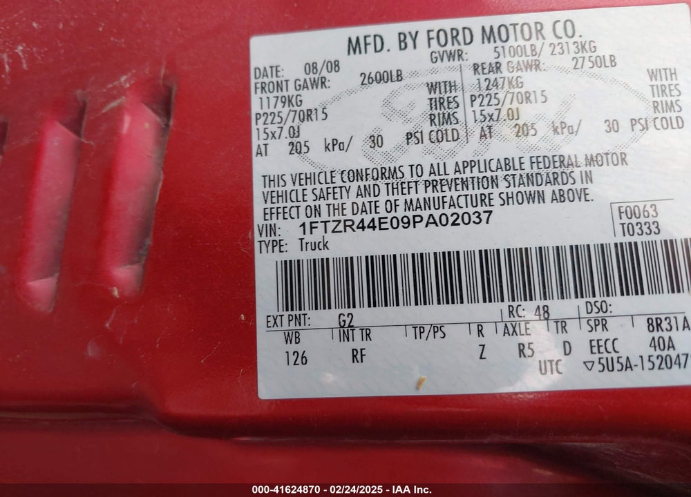 2009 FORD RANGER VIN: 1FTZR44E09PA02037