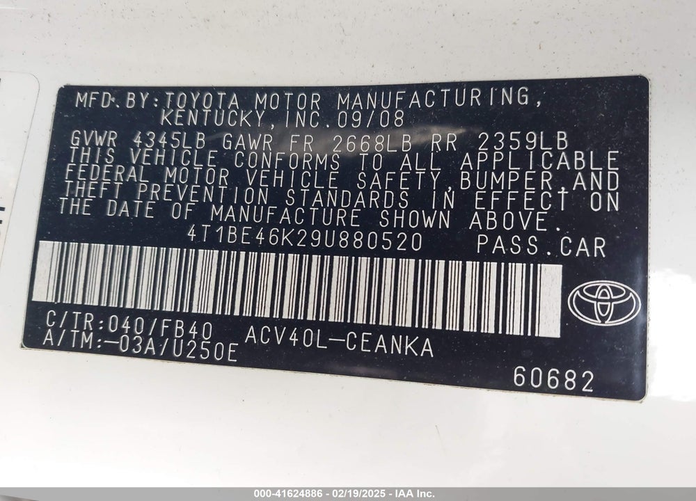 2009 TOYOTA CAMRY LE VIN: 4T1BE46K29U880520