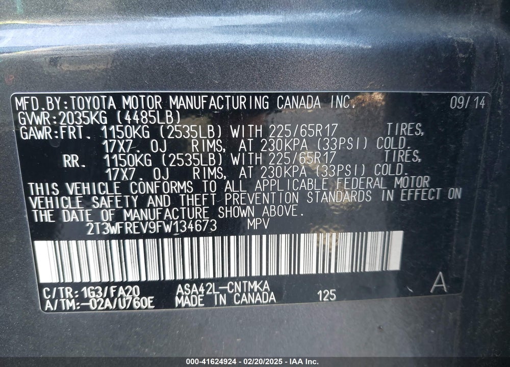 2015 TOYOTA RAV4 XLE VIN: 2T3WFREV9FW134673