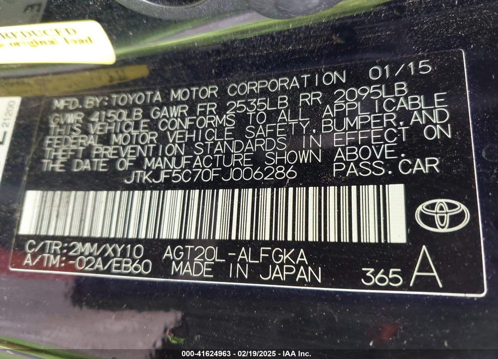 2015 SCION TC VIN: JTKJF5C70FJ006286