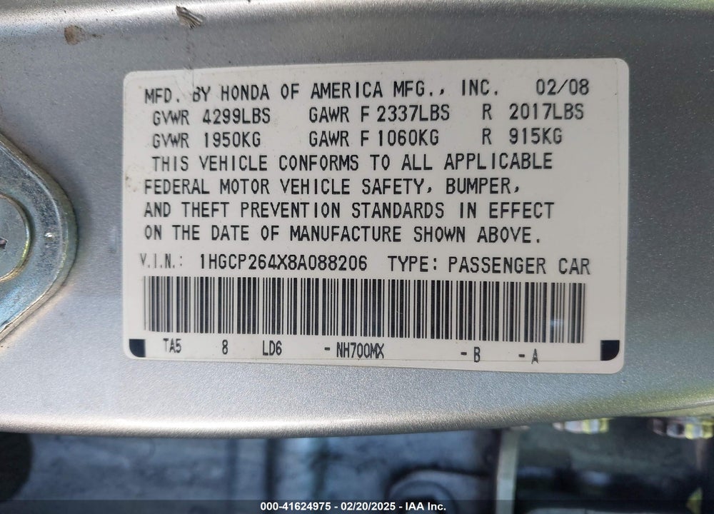 2008 HONDA ACCORD 2.4 LX-P VIN: 1HGCP264X8A088206