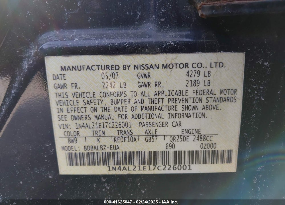 2007 NISSAN ALTIMA 2.5 S VIN: 1N4AL21E17C226001